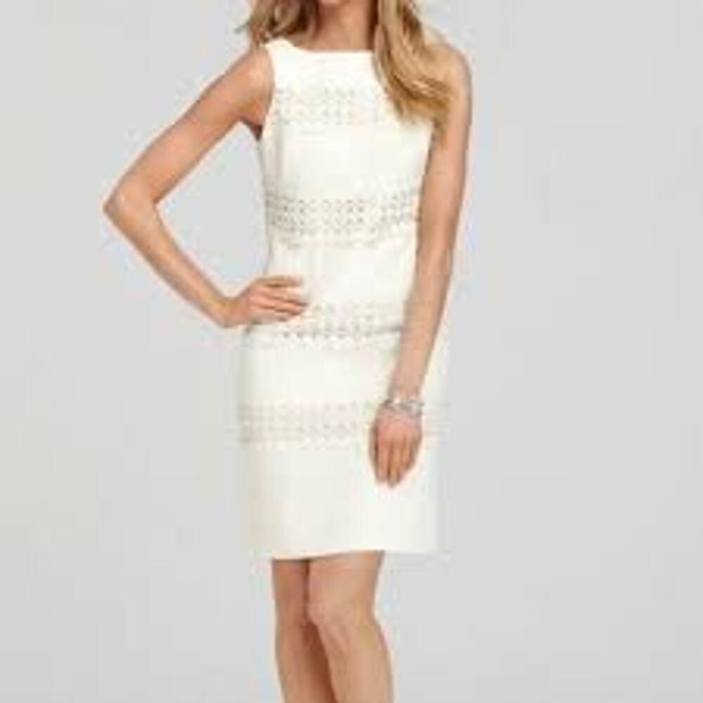 Ann Taylor White Sateen Lace Cotton Stripe‎ Sleeveless Side Zipper Dress Size 0